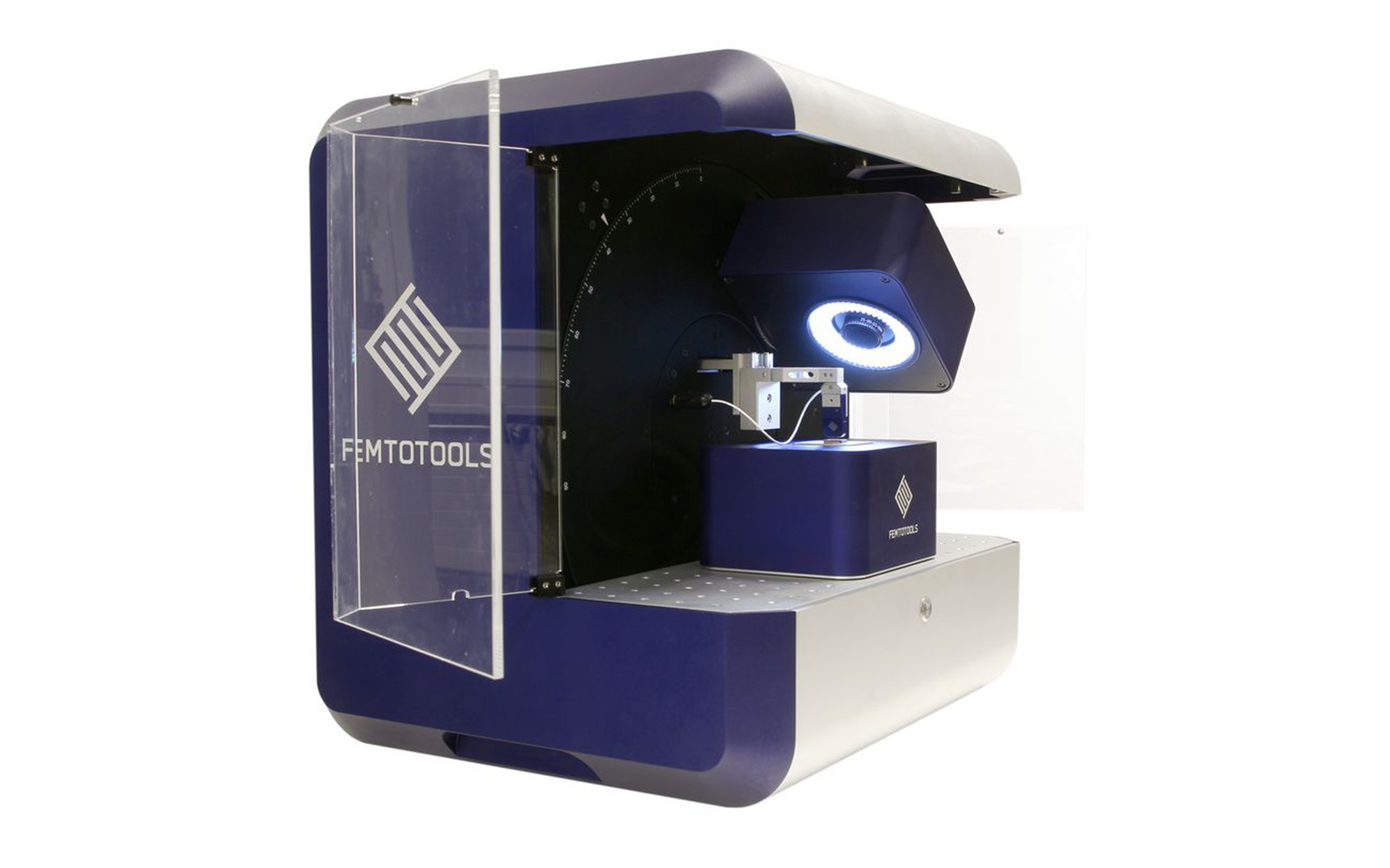 <p>Side view of FemtoTools FT-MTA03 system highlighting its integrated microscope and precision sensing probe for microstructure analysis.</p>