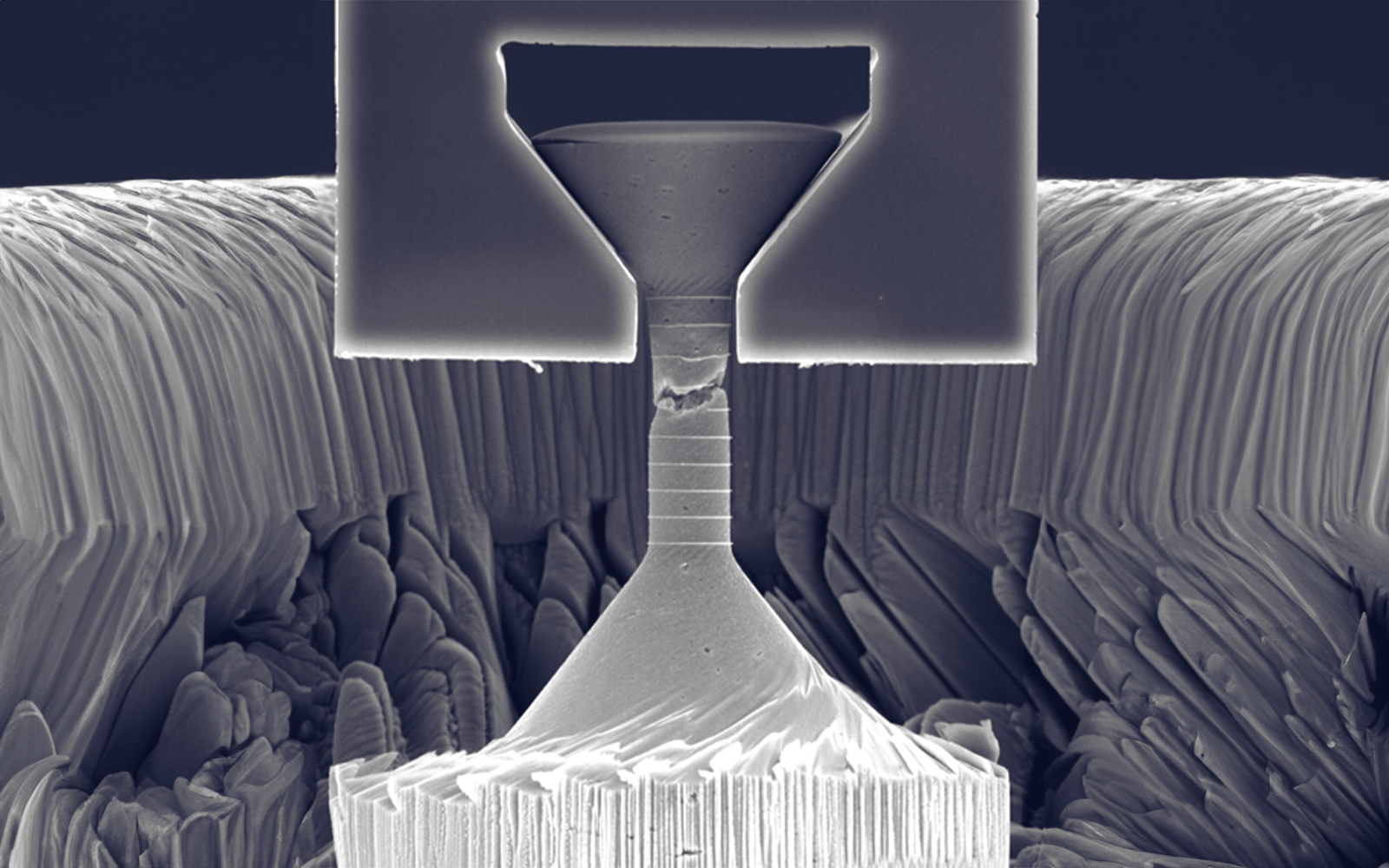 <p>SEM image of a post-fracture micro-tensile test specimen prepared by FIB.</p>